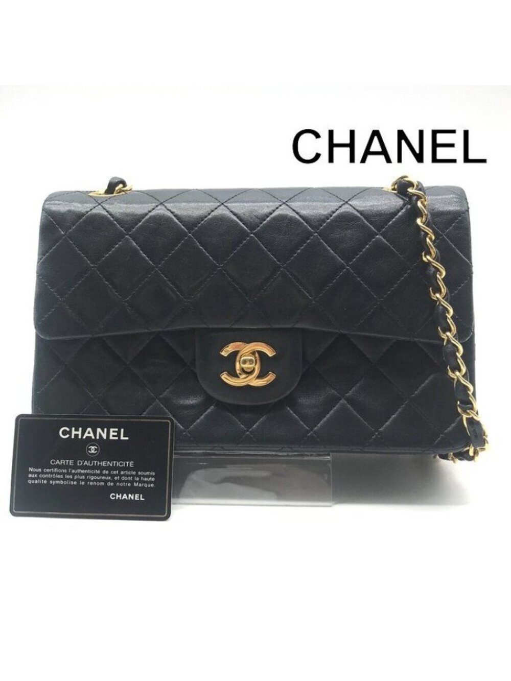 Chanel CC Logo Quilted Double Flap Lambskin Turnlock Chain Shoulder Bag Black